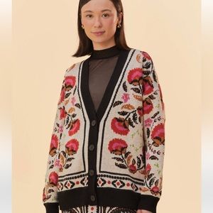 Farmrio sweater.  Sand palm paradise knit cardigan